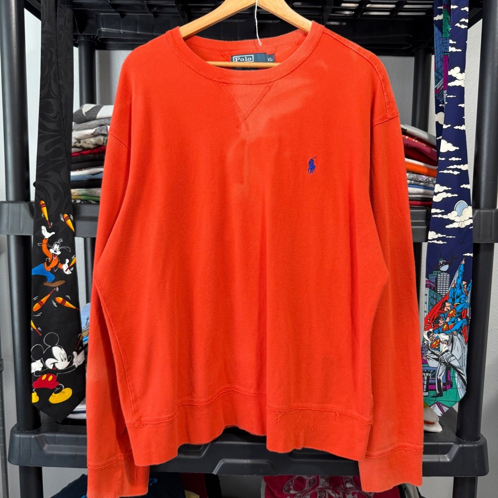 Y2K Orange Polo Ralph Lauren Embroidered Pony Sweatshirt XL Has Fading